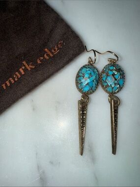 Mark Edge Earrings with turquoise mosaic pattern and gold tone spike drops.